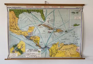 Large Vintage Denoyer Geppert Pull Down Map Usa In The Caribbean Mid Century