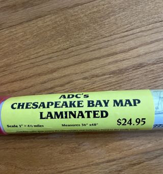 Vintage 1991 Chesapeake Bay Rolled Laminated Wall Map Adc’s Map Co.  In Tube