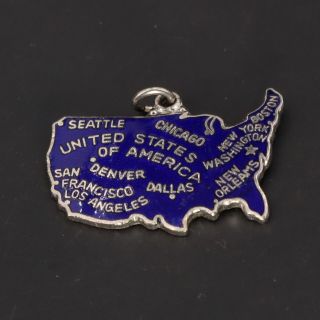 Vtg Sterling Silver - Blue Enamel United States Map Souvenir Bracelet Charm - 3g