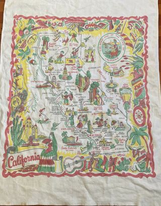 Vintage California Map Tablecloth Souvenir Iconic Cactus Cloth