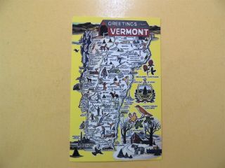 Greetings From Vermont Vintage Map Postcard State Flower Bird Tree Coat Of Arms