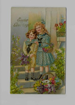 Vintage Postcard Easter Greetings 2 Girls With Baskets Of Flowers 1914