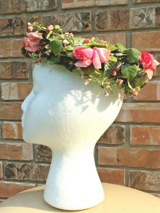 Antique Rare " Lecie " Green Ladies Hat W/ Millinery Pink Roses Rosebuds Leaves