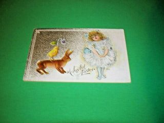 Antique Vintage Postcard Joyful Easter Bunny Rabbit Chick Girl Nation Series 9