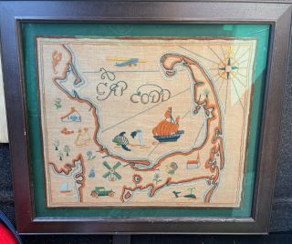 Vintage Handmade Embroidered 1930’s Fabric Map Of Cape Cod Mass History Mayflowe