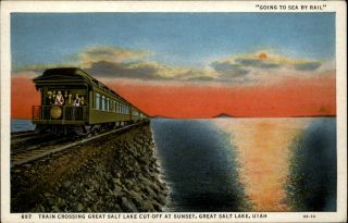 Train Crossing Great Salt Lake Utah Sunset 1920s Vintage Postcard