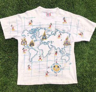 Vtg 80s/90s Disney Designs Map All Over Print Mickey Single Stitch T Shirt Xl