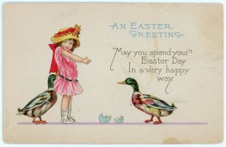 Vintage 1927 Easter Greetings Postcard Little Girl In Pink Dress W Mallard Ducks