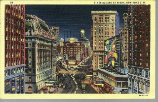 Vintage Linen Postcard York City Time Square At Night Vg