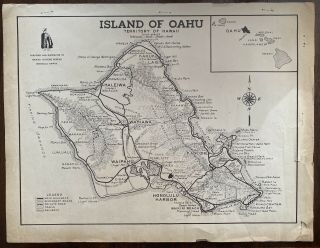 Rare Map Antique Vintage Map Of Oahu Island Hawaii The Gray Line