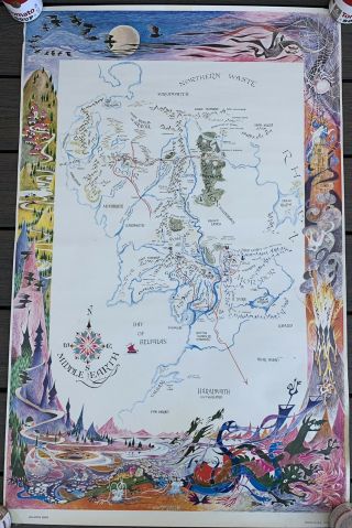 Vtg Tolkien Middle Earth Map Lotr Poster Barbara Remington Ballantine