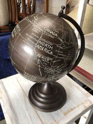 Vtg Bronze Metal World Globe Map Collectible Deco Art 16” H