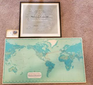 Vintage 1965 Pan Am Airlines Pilot Clipper Plotting Map With Pins & Certificate