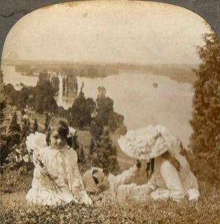 Girls In Cemetery Overlooking Willamette River,  Portland,  Or.  Stereoview Photo