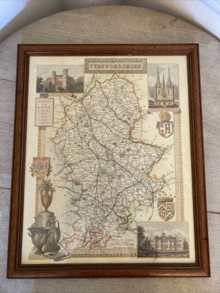 Large Vintage Print Of Staffordshire County Map In Frame