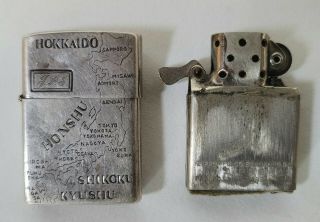 Vintage 3 Barrel Hinge Sterling Silver Zippo Lighter Engraved Map Japan 16 Hole