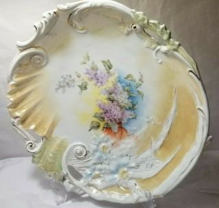Rare 3 Handled Molded Cake Plate R.  S.  Prussia - Unmarked Narcissus/shell Embossed
