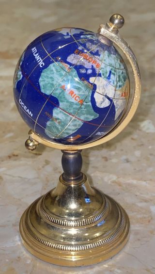 Vtg 4.  25” Blue Lapiz With Semi - Precious Inlay Stones Brass Base Globe World Map