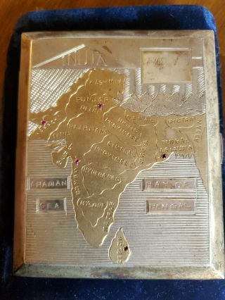 Vintage Sterling Silver Cigarette Case Box India Map Gilted Rubies Unique.