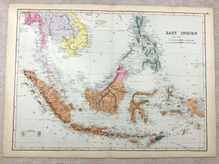 1891 Antique Map Of The East Indies Philippines Borneo 19th Century