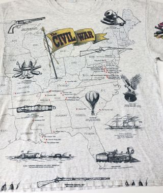 Vintage 90s U.  S Civil War Map T Shirt Rare All Over Print Usa Union Battle