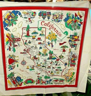 Vintage California State Map Souvenir Tablecloth Vivid Colors Square Red Border