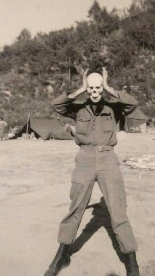 Vintage Halloween Costume Korean War Us Soldier Real Skull Photo Scary