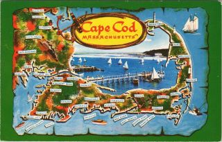 Vintage Chrome Postcard,  Map Of Sights And View Of Cape Cod,  Massachusetts
