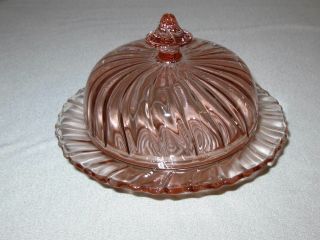 Rare Vintage Depression Glass Pink Petal Swirl Butter Dish Covered Lid Jeannette