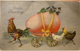 1909 Vintage Easter Postcard - Rooster Pulling Pink Egg In Cart