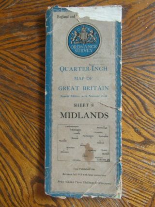 Vintage Ordnance Survey Quarter Inch Map Of Gb.  4th.  Ed.  1946 Midlands.  Sheet 8