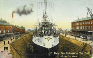 Vintage Naval Postcard,  U.  S.  Battleship Nebraska In Dry Dock,  Bremerton Wa