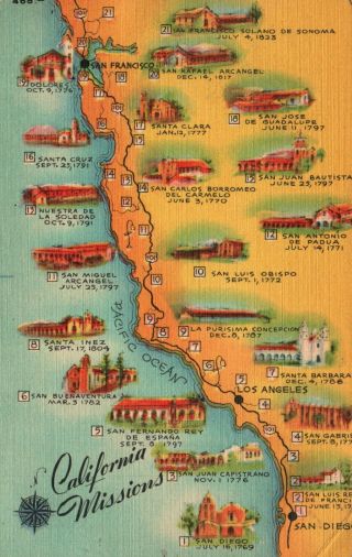 California Missions,  Ca,  Map View,  Linen Vintage Postcard A2026