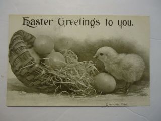 Vintage Postcard Easter Greetings Chick And Eggs