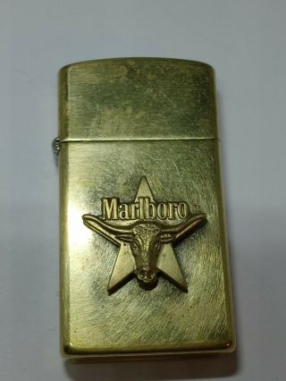Vintage Solid Brass Marlboro Cigarettes Longhorn Slim Zippo Lighter Rare