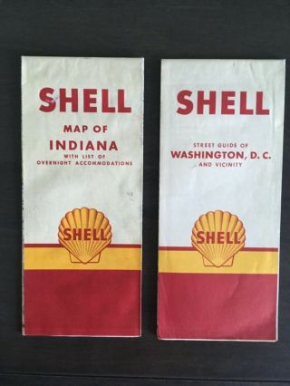2 Vintage 1958 Shell Oil Gas Station Travel Road Maps,  Indiana & Washington D.  C.