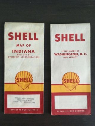 2 Vintage 1958 Shell Oil Gas Station Travel Road Maps,  Indiana & Washington D.  C. 2
