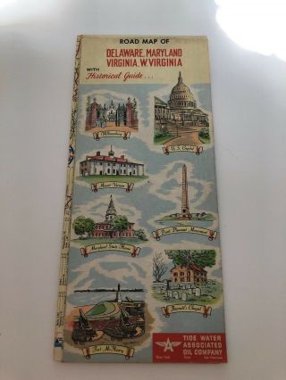Vintage Tidewater Oil Company " Veedol Flying A " Road Map - Md,  Wv,  Va And De