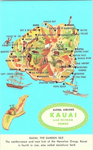 Aloha Airlines Kauai Niihau Hawaii Vintage Map Postcard Standard View Card