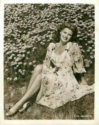 Actress Rita Hayworth Leg Pose Field Of Flowers Vintage 8 X 10.  25 B&w Photo