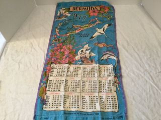 Vintage 1977 Bermuda Map Calendar Irish Linen Tea Towel By Ulster Blue White
