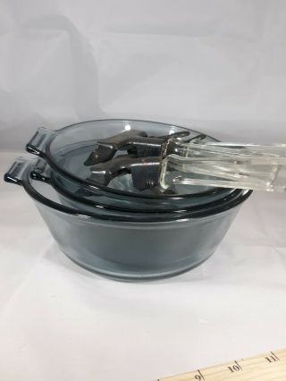 Rare Set Of 3 Vintage Pyrex Blue Glass Flameware Skillets Fry Pans And Handles