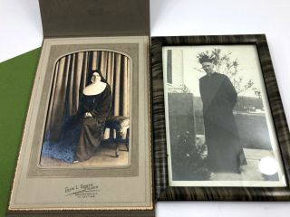 Vintage Photo Photographs Catholic Nun Sister Full Habit Priest In Frame