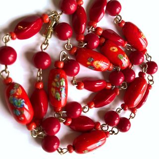 Vintage Antique Venetian Murano Rare Red Millefiori Art Glass Bead Necklace 25”