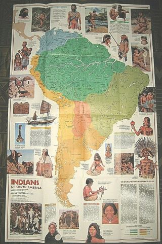 Vintage 1982 Indians Of South America National Geographic Map - Culture Geography