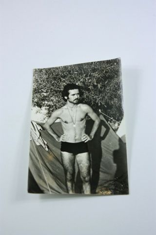 Young Man Posing With Swimsuit Photograph 1950s Hairy Legs Gay Interest Necklace