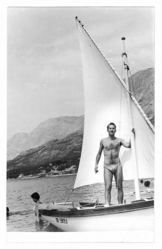 3 Vintage Photo Shirtless Muscle Man On Sailboat Swimsuit Bulge Snapshot Gay