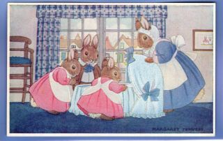 Vintage Postcard Artist Signed Margaret Tempest Rabbits Looking At Brother