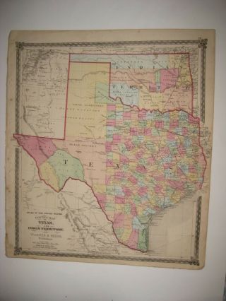 Masterpiece Huge Antique 1875 Texas Indian Territory Oklahoma Handcolored Map Nr