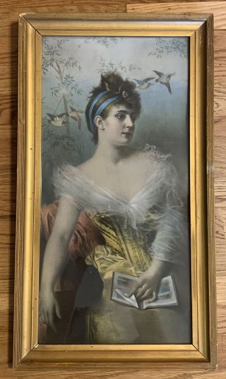 Rare Antique Victorian Lady Woman Birds Gold Gilt Framed 12.  5 X 22.  5 "